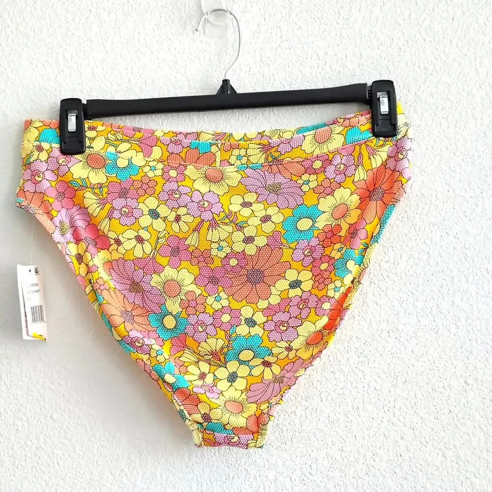 Jessica Simpson Women XL Yellow Pink Floral Swim Bikini Bottoms Hippie Retro